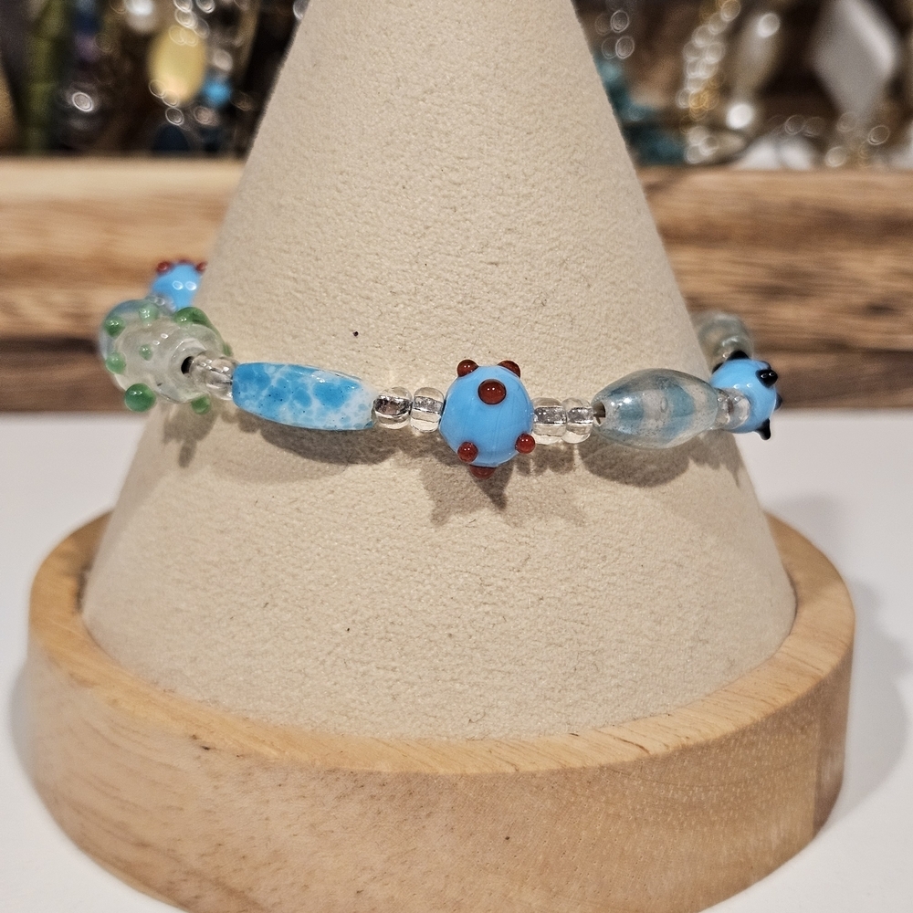 Blue Red Silver Clear Murano Glass Beaded Bracelet Handmade Women's Jewelry